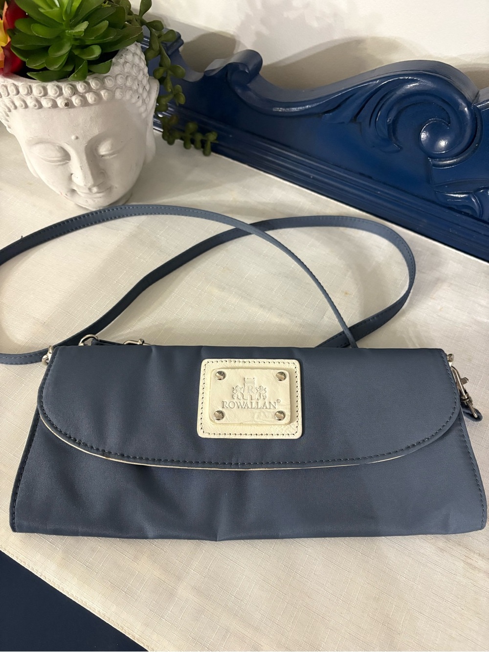 Rowallan Blue Crossbody Clutch with Cream Logo Patch NWOT